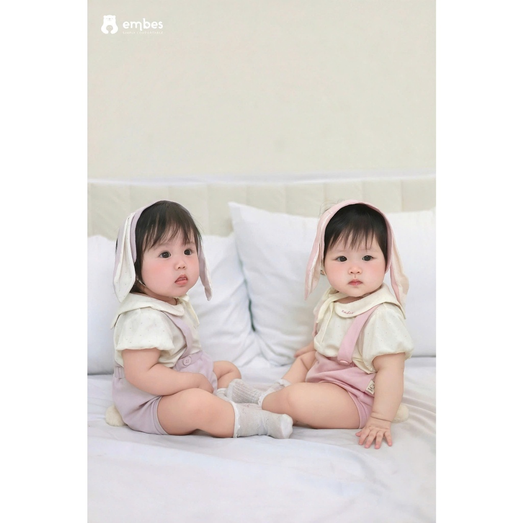 Set Yếm Bé Gái Embes, Set Yếm Phối Áo Cộc Kèm Băng Đô Tai Thỏ Chất Mềm Mại Cho Bé Gái Từ 3-12 Tháng