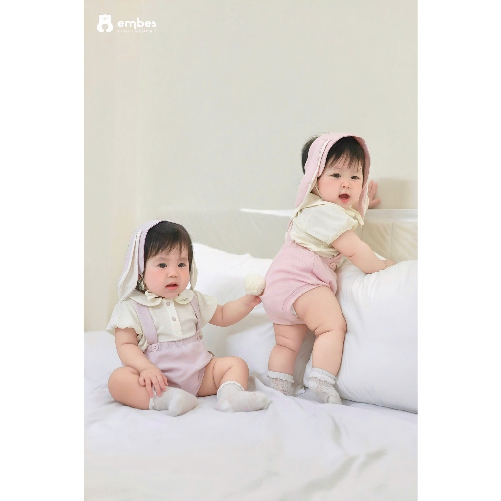Set Yếm Bé Gái Embes, Set Yếm Phối Áo Cộc Kèm Băng Đô Tai Thỏ Chất Mềm Mại Cho Bé Gái Từ 3-12 Tháng