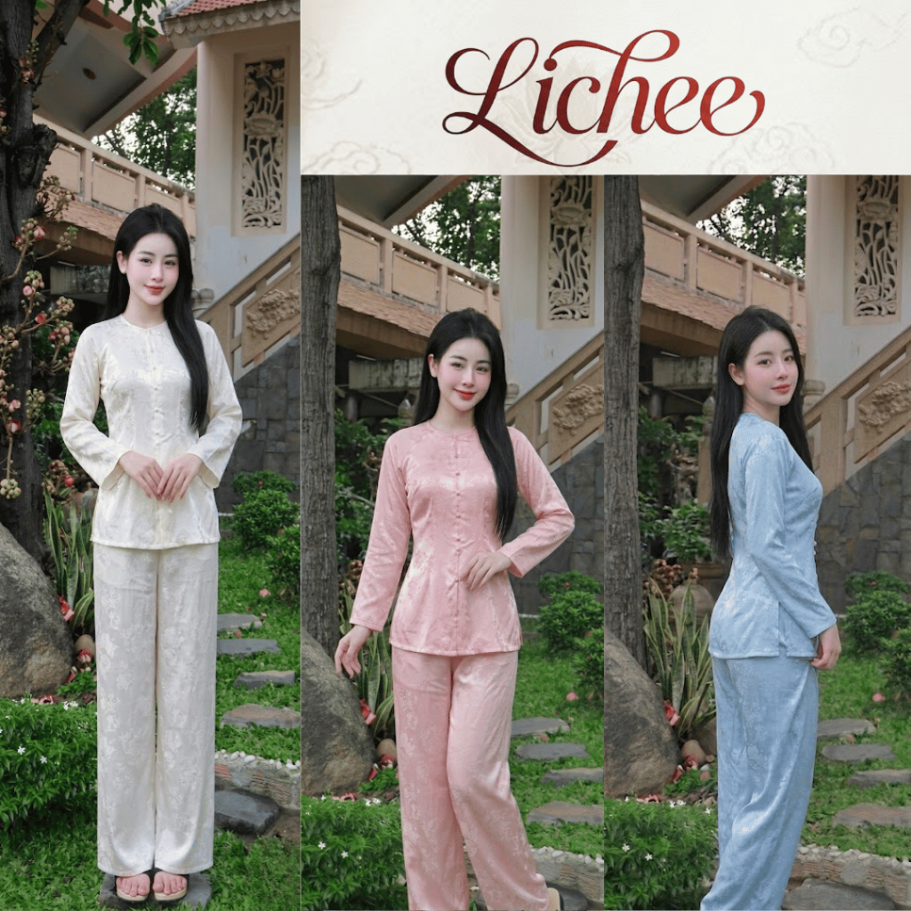 Bộ Pháp Phục Đi Lễ Chùa Nữ LICHEE Vải Lụa Gấm Cổ Tròn Tay Loe  Phong Cách Điệu Đà Sang Trọng