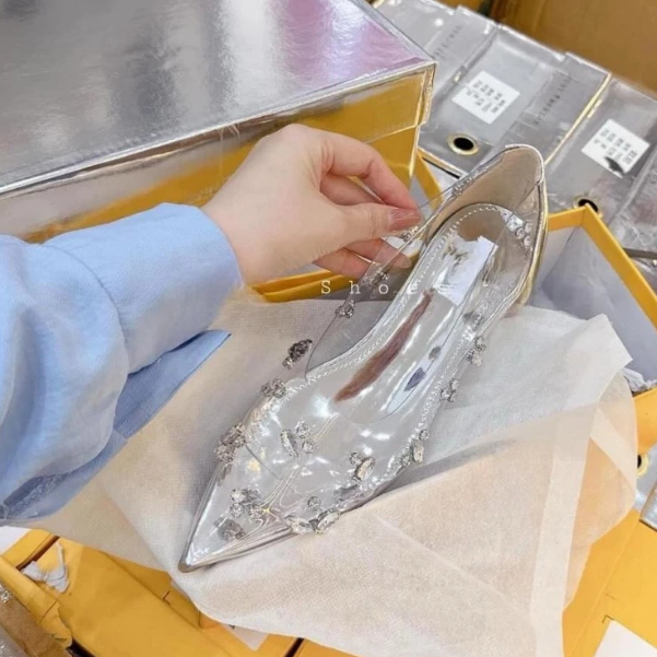 Giày Búp Bê Mũi Nhọn Đính Hoa Pha Lê, Giày Bệt Trong Suốt Nữ Sang Chảnh Dự Tiệc N06.