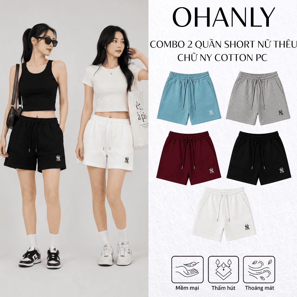 Combo 2 Quần Short Nữ Thêu Chữ NY OHANLY Form Suông Cotton PC Co Giãn Có Túi Mặc Nhà Đi Chơi Dạo Phố