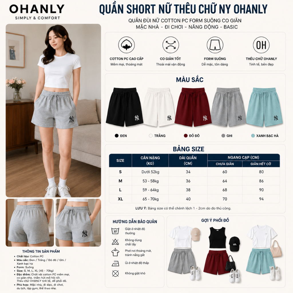 Combo 2 Quần Short Nữ Thêu Chữ NY OHANLY Form Suông Cotton PC Co Giãn Có Túi Mặc Nhà Đi Chơi Dạo Phố