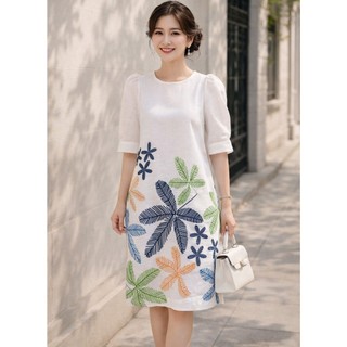 SWANLAKE | Váy Đầm Nữ Midi Suông Linen Lụa Cao Cấp Cổ Tròn Tay Bí Hoạ Tiết Hè Thoải Mái D11013