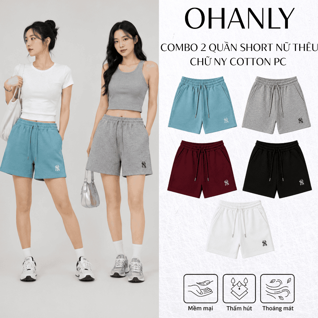 Combo 2 Quần Short Nữ Thêu Chữ NY OHANLY Form Suông Cotton PC Co Giãn Có Túi Mặc Nhà Đi Chơi Dạo Phố