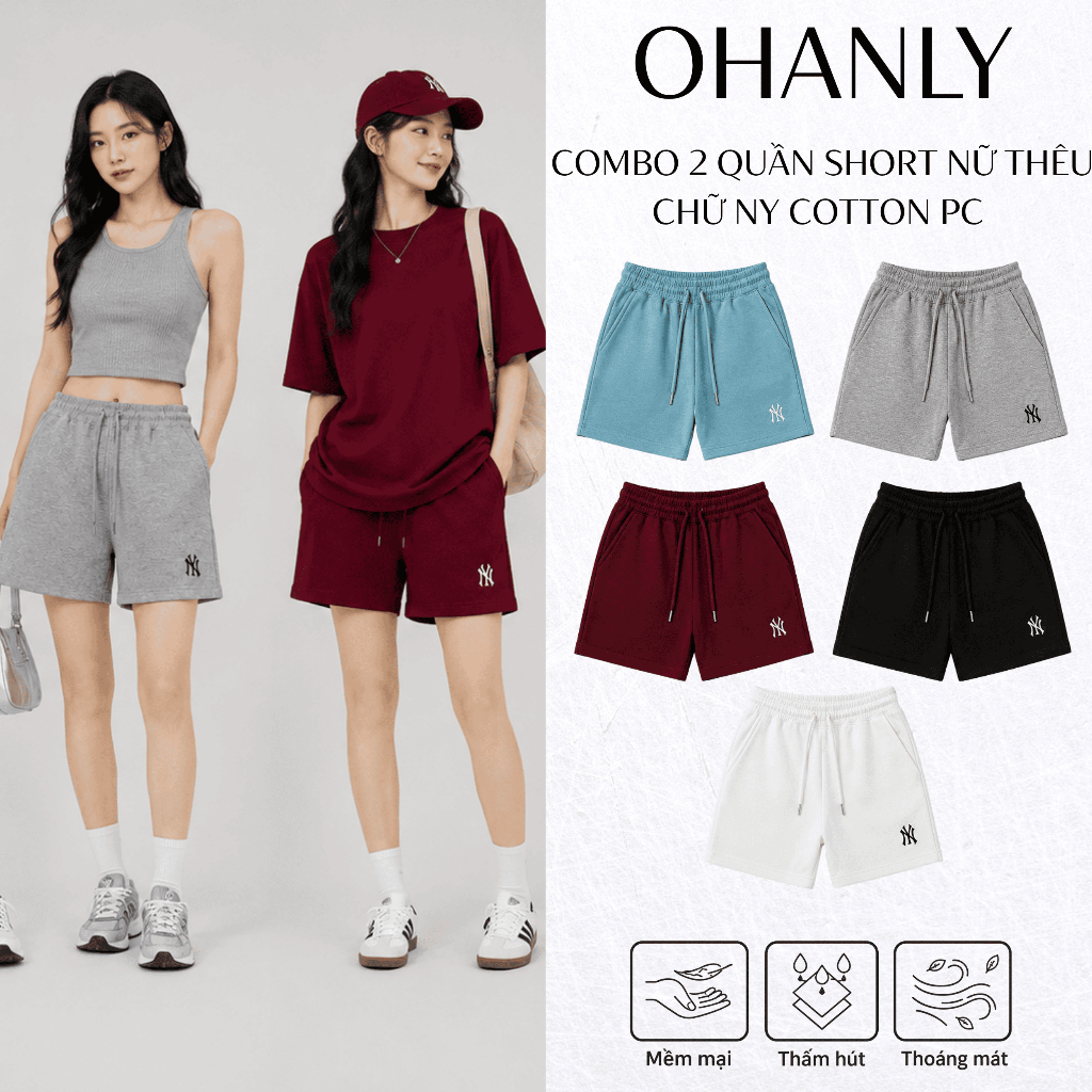 Combo 2 Quần Short Nữ Thêu Chữ NY OHANLY Form Suông Cotton PC Co Giãn Có Túi Mặc Nhà Đi Chơi Dạo Phố