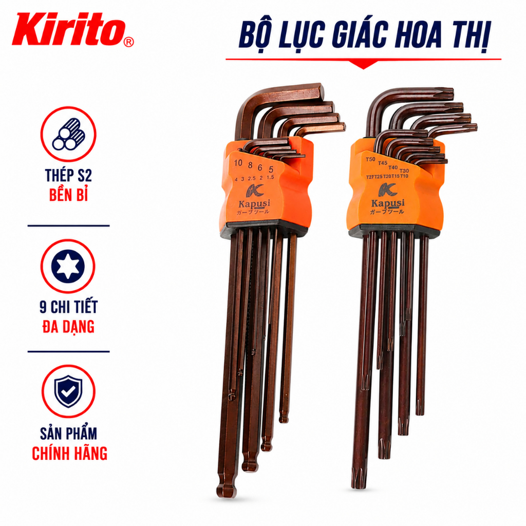 Bộ Lục Giác Bi Hoa Thị Đầu Bông Mai Có Lỗ Kapusi Japan 9 Chi Tiết, Thép S2 Cao Cấp, Chống Mài Mòn