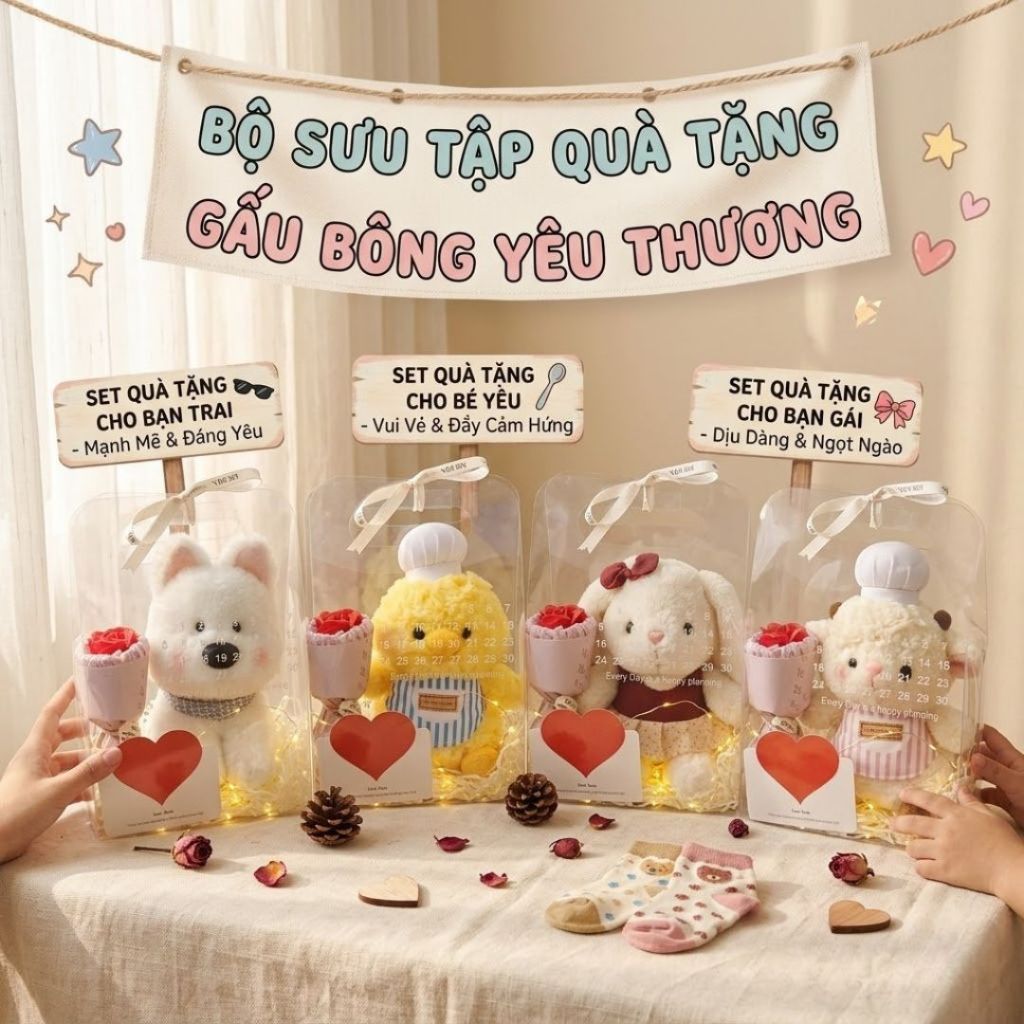 Set Quà Tặng Gấu Bông Mini Có Túi Mica, Bó Hoa, Đèn Led,Thiệp Quà Tặng Cho Bé, Bạn Gái/Nữ Ngày Sinh Nhật,Dịp Lễ
