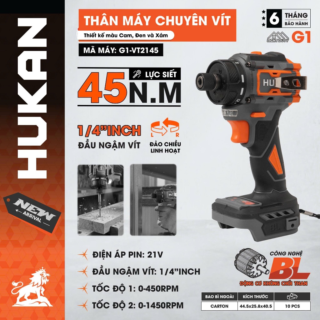 Thân Máy Chuyên Vít Pin HUKAN G1-VT2145 | Điện áp 21V | Đầu 1/4 Inch Brushless | Lực Siết 45Nm| 2 Cấp Tốc Độ |Chính Hãng