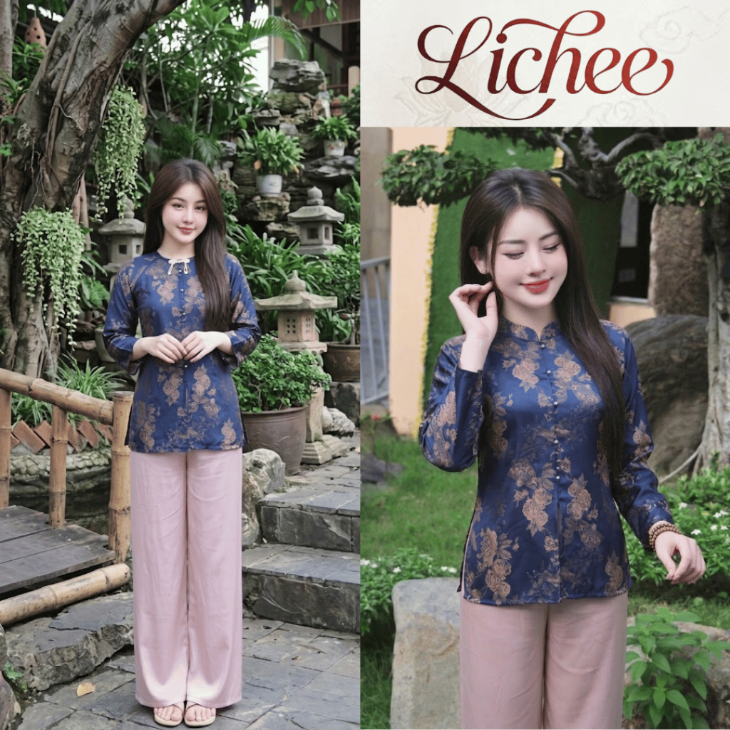 Bộ Đồ Lam Đi Lễ Chùa Nữ LICHEE Chất Gấm Hoa Sang Trọng Họa Tiết Hoa Chìm Tròn Tay Lỡ Thời Trang