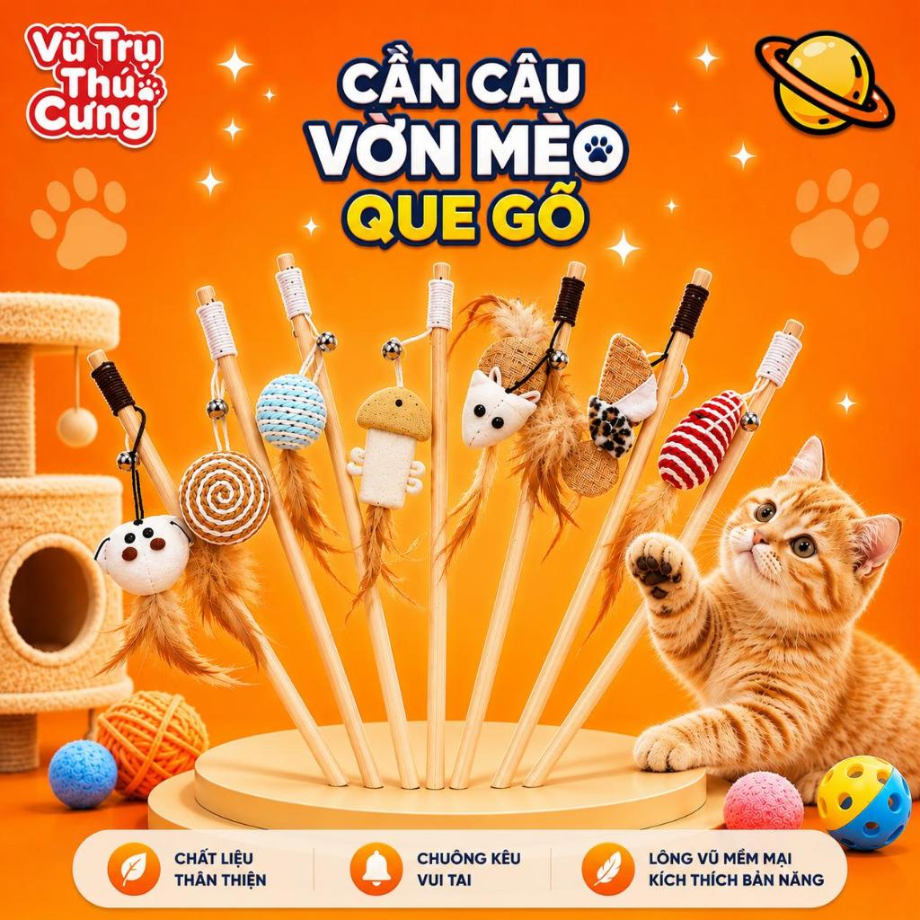 Đồ Chơi Cho Mèo Cần Câu Vờn Mèo Que Gỗ