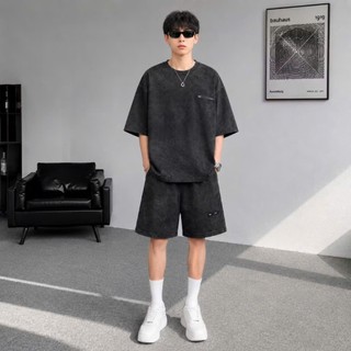 Bộ Quần Áo Thể Thao Nam Mùa Hè Cộc Tay Chất Cotton Loang Cao Cấp Oversize Thoáng Mát