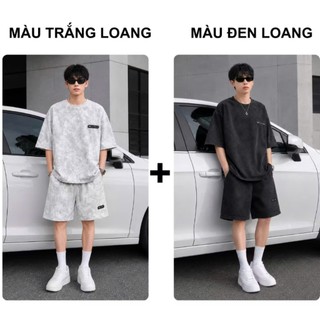 Bộ Quần Áo Thể Thao Nam Mùa Hè Cộc Tay Chất Cotton Loang Cao Cấp Oversize Thoáng Mát
