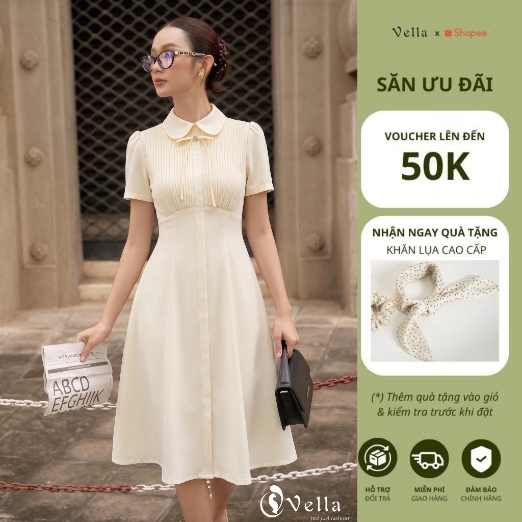 Đầm xòe công sở cao cấp, tay ngắn dáng dài qua gối màu Kem, Đen xám – Vella Fashion VD25060