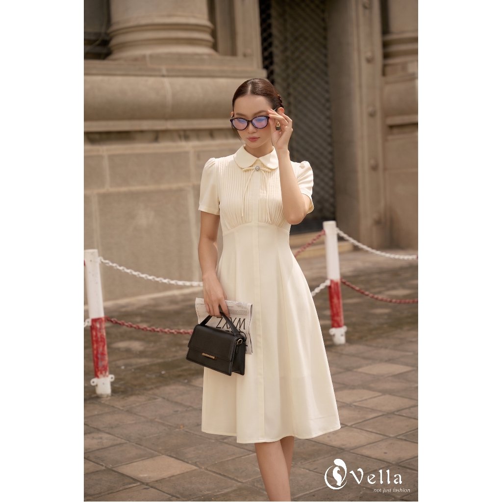 Đầm xòe công sở cao cấp cổ Peter Pan tay ngắn dáng dài qua gối màu Xám đen, Kem – Vella Fashion VD25060