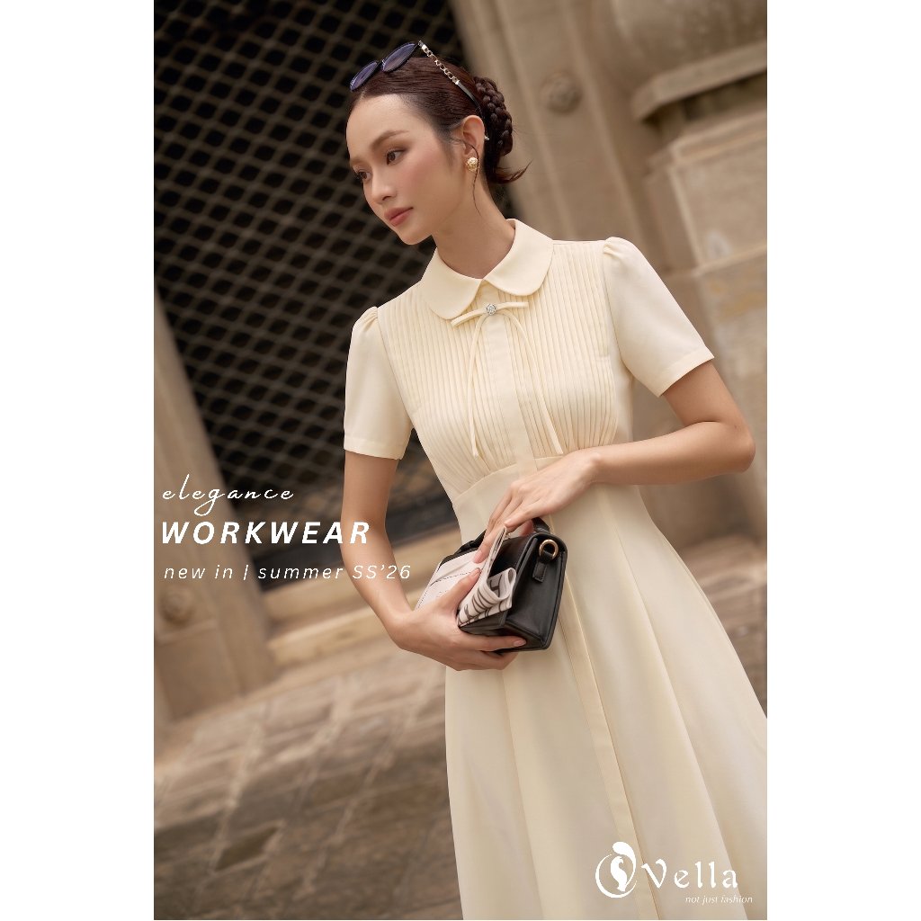 Đầm xòe công sở cao cấp cổ Peter Pan tay ngắn dáng dài qua gối màu Xám đen, Kem – Vella Fashion VD25060