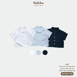 Áo Sơ Mi Cộc Tay Trơn Cho Bé Phối Túi Basic Hokiha Vải Mềm Mại, Thoáng Mát Size 8-16kg A95