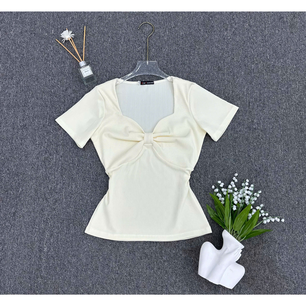 Áo Thun Nữ Nơ Ngực Cổ Vuông Bigsize ESHOP MS611 – Thun Tăm Co Giãn, Form Ôm Tôn Dáng 45-85kg