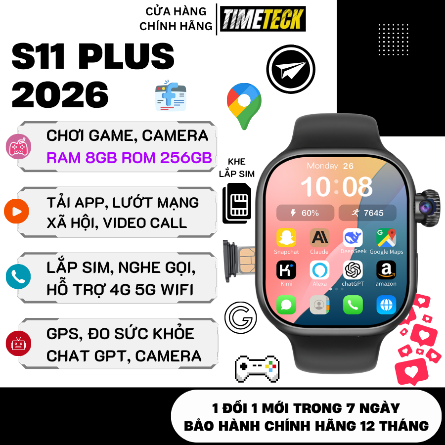 Đồng Hồ Thông Minh Lắp Sim S11 PLUS 2026 Nghe Gọi, RAM 8GB ROM 256GB, Chơi Game, Tải Ứng Dụng
