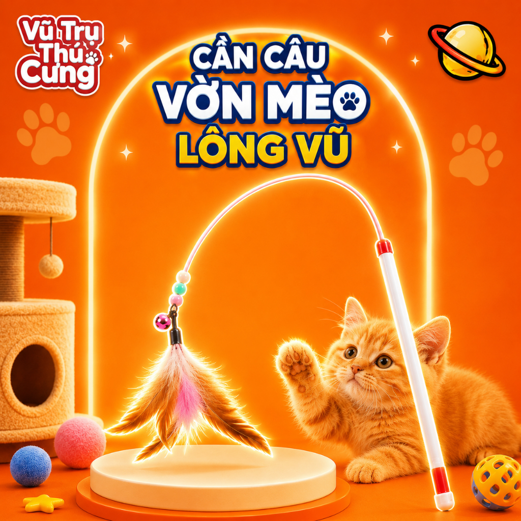 Đồ Chơi Cần Câu Vờn Mèo Lông Vũ Có Chuông Tương Tác