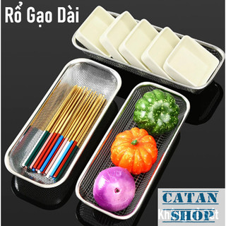 Rổ Gạo Dài Đựng Muỗng Đũa Ráo Nước,Khay Inox Chữ Nhật Đựng Đồ Chiên Rán Ráo Dầu,Đựng Rau Củ Trái Cây