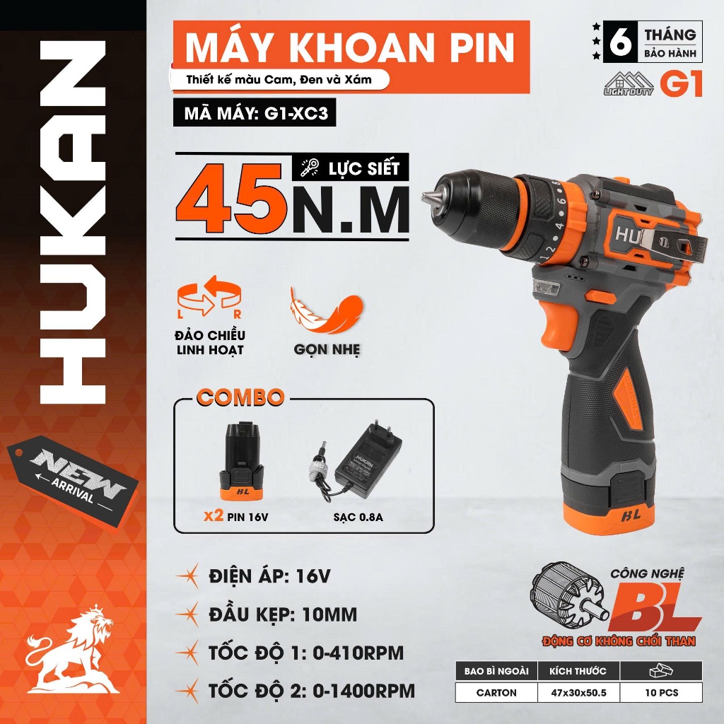 Máy Khoan Đầu 10mm HUKAN G1-XC3 | Điện áp 16V Brushless | Lực Siết 45Nm | Khoan Gỗ Sắt Bắt Vít , Đa Năng