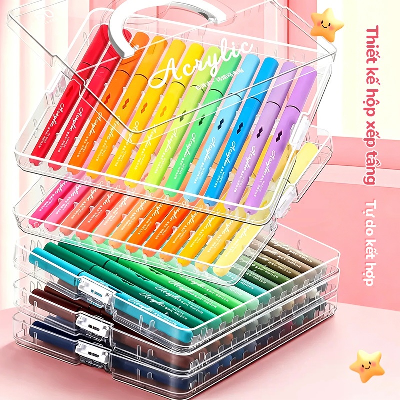 Màu Acrylic Marker Cao Cấp Set 12/24/36/48/60 Màu Tươi Sáng, Dụng Cụ Học Tập Cho Bé Học Sinh Tranh Vẽ Đa Chất Liệu