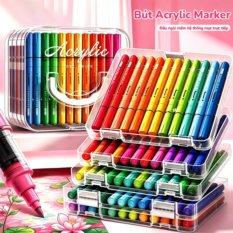 Màu Acrylic Marker Cao Cấp Set 12/24/36/48/60 Màu Tươi Sáng, Dụng Cụ Học Tập Cho Bé Học Sinh Tranh Vẽ Đa Chất Liệu