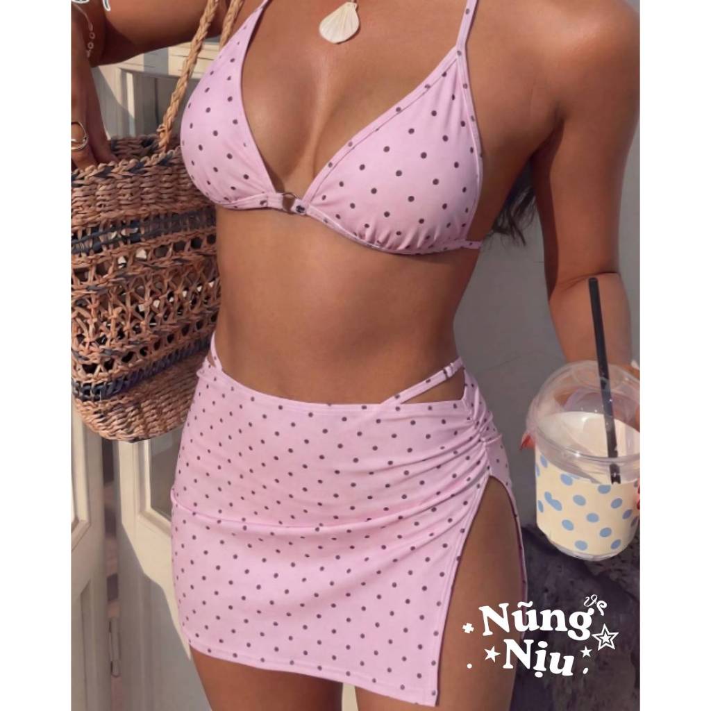 [ORDER 8 - 9 NGÀY] Set Bikini 3 Món "Kẹo Ngọt" Hồng Chấm Bi Đi Biển Mùa Hè