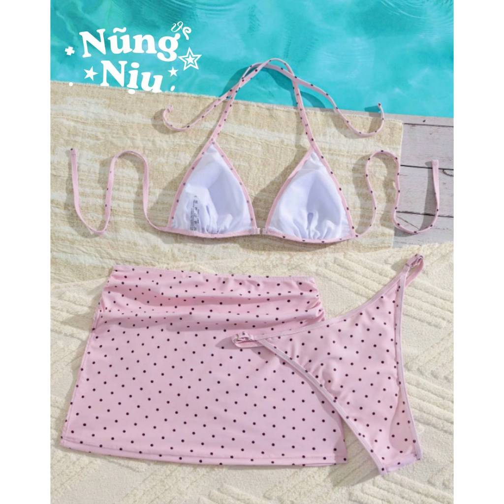[ORDER 8 - 9 NGÀY] Set Bikini 3 Món "Kẹo Ngọt" Hồng Chấm Bi Đi Biển Mùa Hè