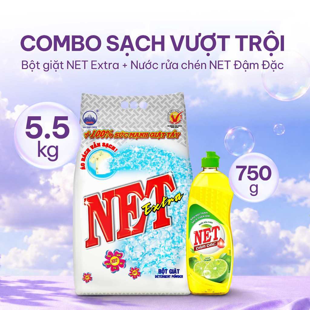 Combo bột giặt NET Extra bịch x 5.5kg + Nước rửa chén NET đậm đặc hương Chanh chai x 750gr