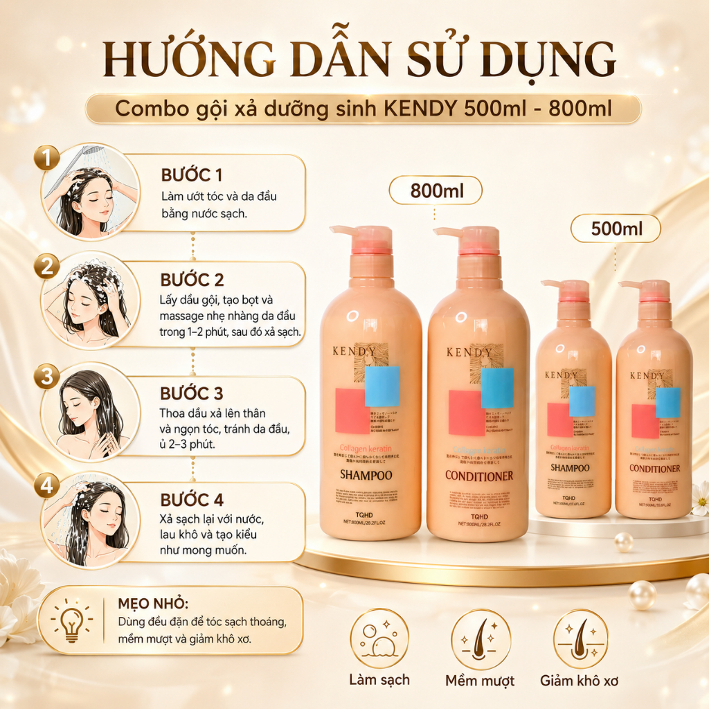 Dầu Gội Xả Dưỡng Sinh KENDY 800ml | Dưỡng Tóc Mềm Mượt, Giảm Rụng, Ngăn Ngừa Tóc Bạc Sớm