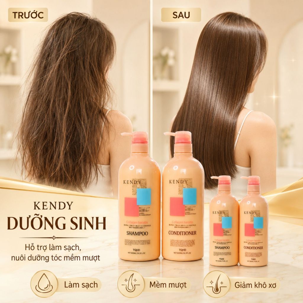Dầu Gội Xả Dưỡng Sinh KENDY 800ml | Dưỡng Tóc Mềm Mượt, Giảm Rụng, Ngăn Ngừa Tóc Bạc Sớm