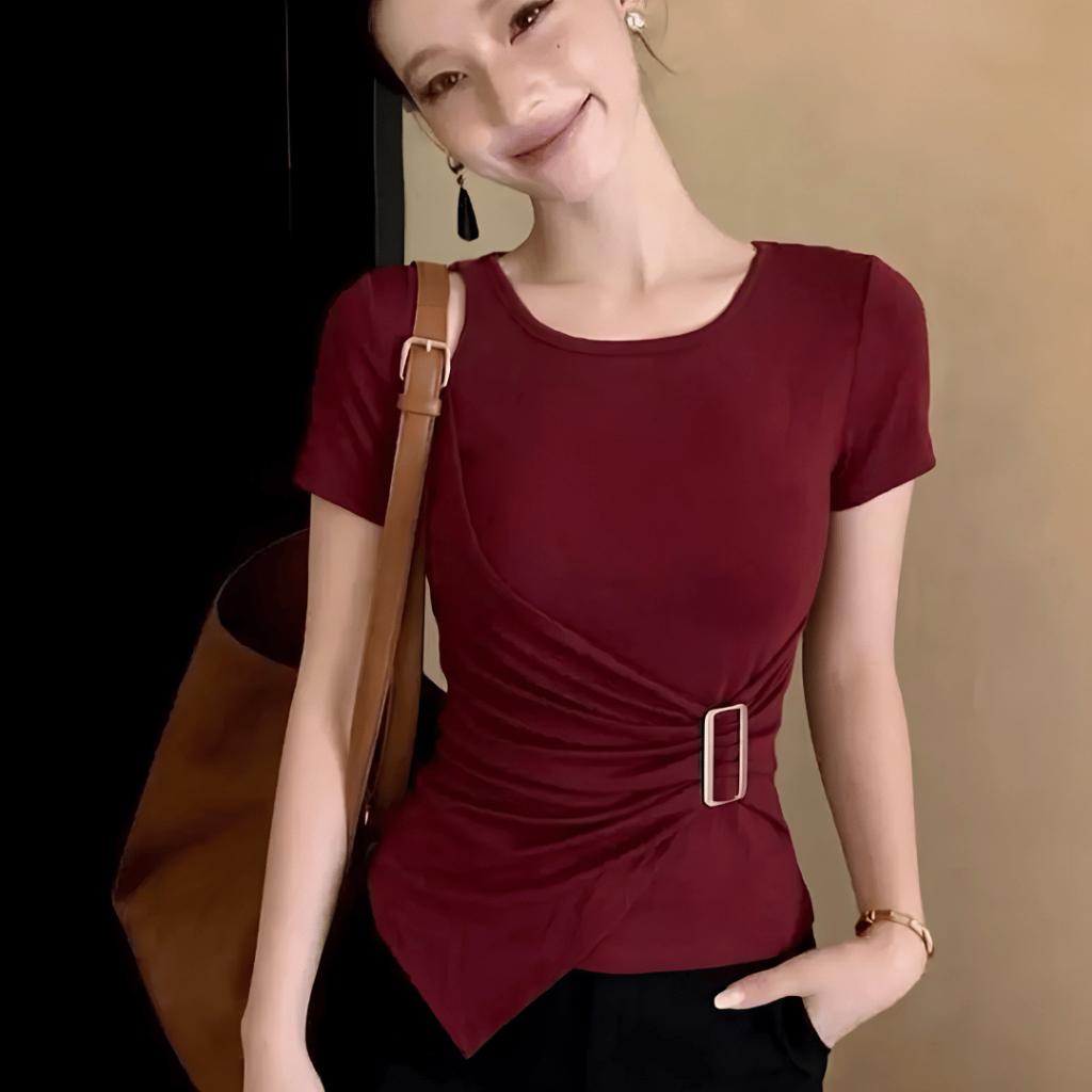 Áo Thun Nữ Nhún Eo Khóa Cài ESHOP MS612 Thun Gân Co Giãn, Vạt Áo Chéo Tôn Dáng Che Bụng Bigsize