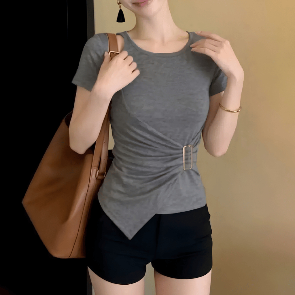 Áo Thun Nữ Nhún Eo Khóa Cài ESHOP MS612 Thun Gân Co Giãn, Vạt Áo Chéo Tôn Dáng Che Bụng Bigsize
