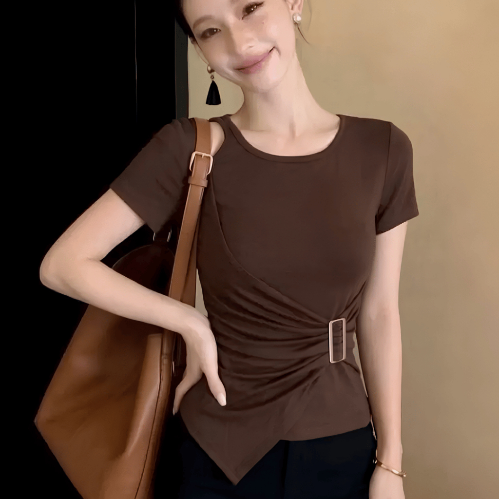 Áo Thun Nữ Nhún Eo Khóa Cài ESHOP MS612 Thun Gân Co Giãn, Vạt Áo Chéo Tôn Dáng Che Bụng Bigsize