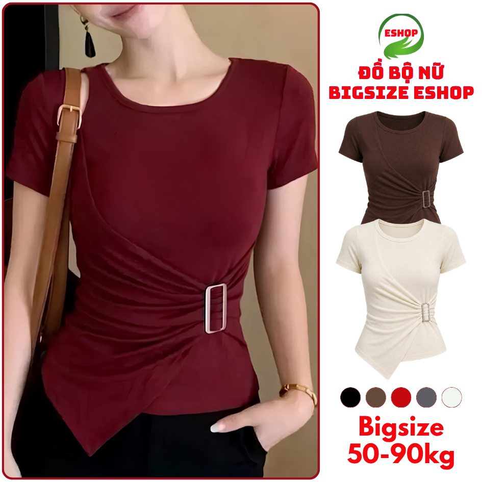 Áo Thun Nữ Nhún Eo Khóa Cài ESHOP MS612 Thun Gân Co Giãn, Vạt Áo Chéo Tôn Dáng Che Bụng Bigsize