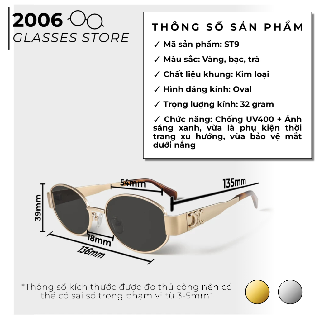Kính râm gọng tròn oval kim loại cao cấp kính mát chống tia UV thời trang Hàn Quốc kiểu dáng ngầu T9