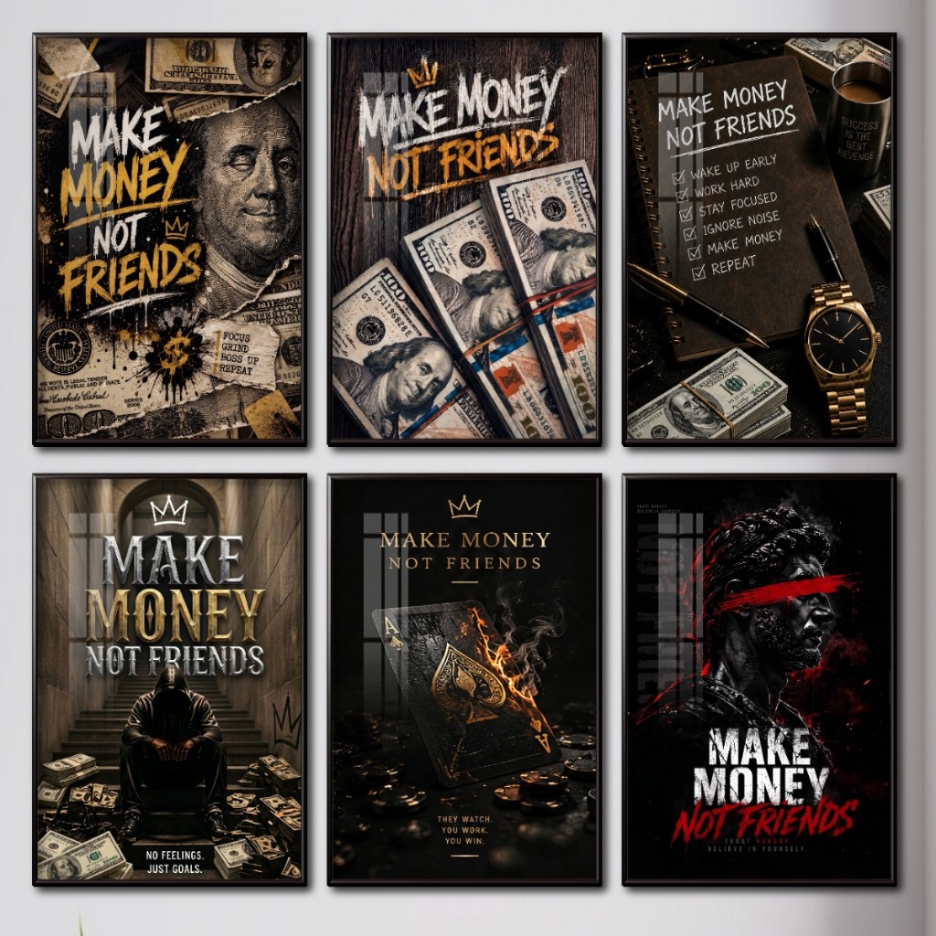 Tranh Tráng Gương Phong Cách "Make Money Not Friends" - Tranh Treo Tường Khung Composite Decor Trang Trí