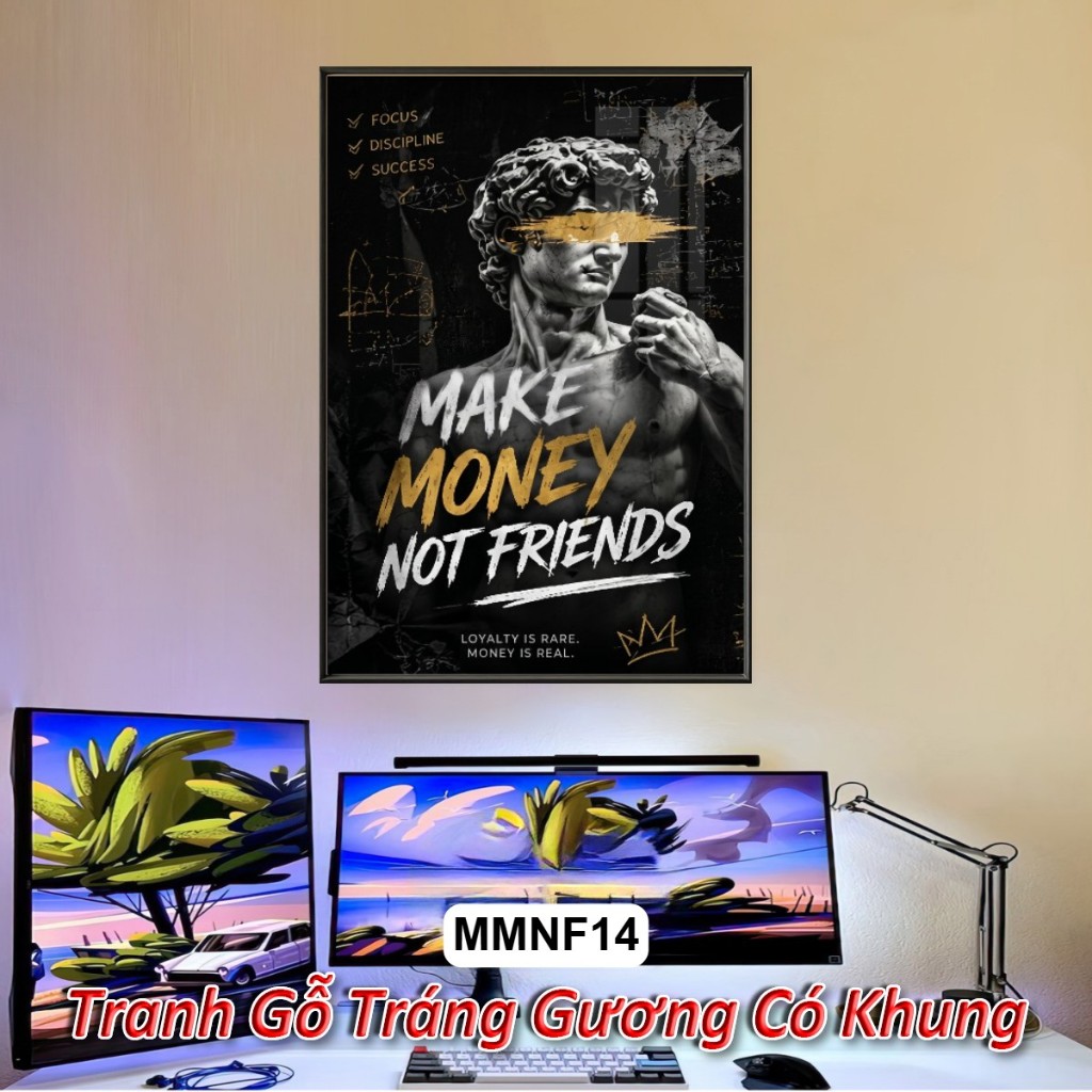 Tranh Tráng Gương Phong Cách "Make Money Not Friends" - Tranh Treo Tường Khung Composite Decor Trang Trí