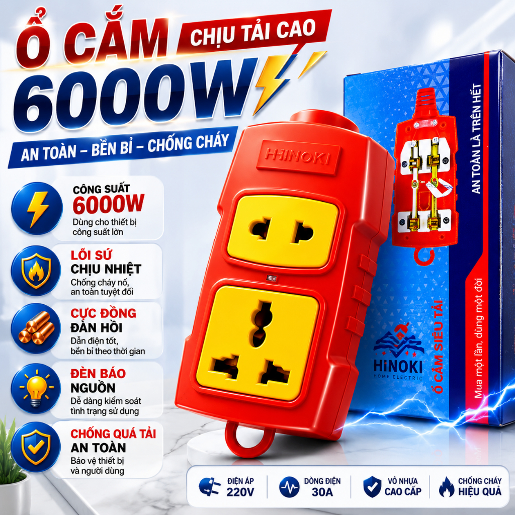 Ổ Cắm Điện HINOKI Siêu Tải 6000W Nhiều Lỗ Cắm Dùng Cho Gia Đình Và Công Trình