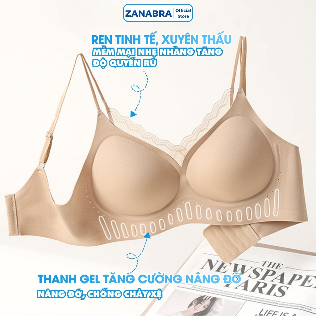 [Hàng Mới Về] Áo ngực nữ su Tàng Hình không gọng phối ren, Áo lót nữ mút mỏng giọt nước gom ngực tôn dáng ZANABRA A2606