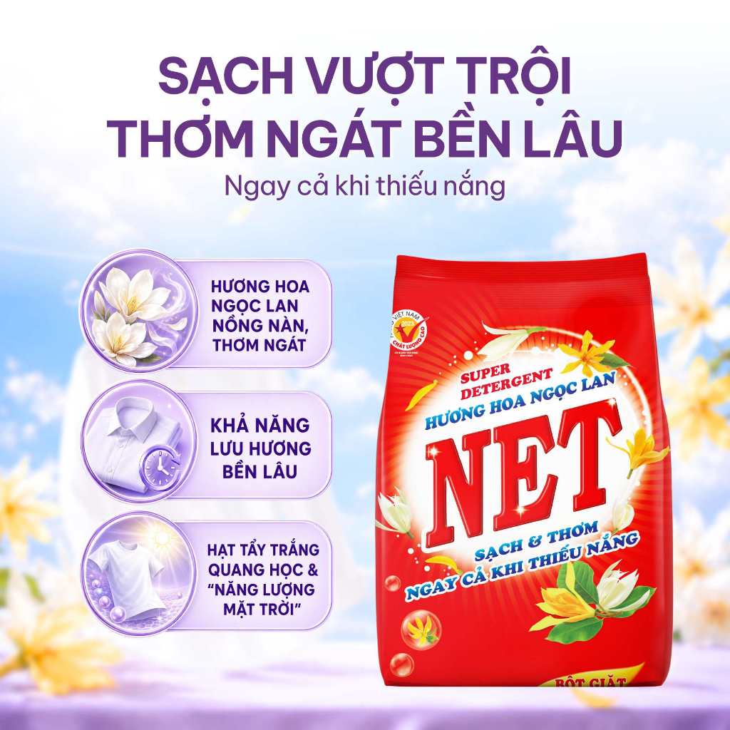 Combo bột giặt NET hương hoa Ngọc Lan bịch x 2.4kg + nước rửa chén NET đậm đặc hương Chanh chai x 250gr