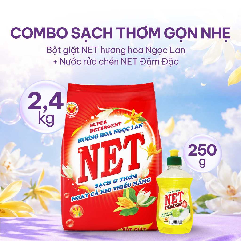 Combo bột giặt NET hương hoa Ngọc Lan bịch x 2.4kg + nước rửa chén NET đậm đặc hương Chanh chai x 250gr