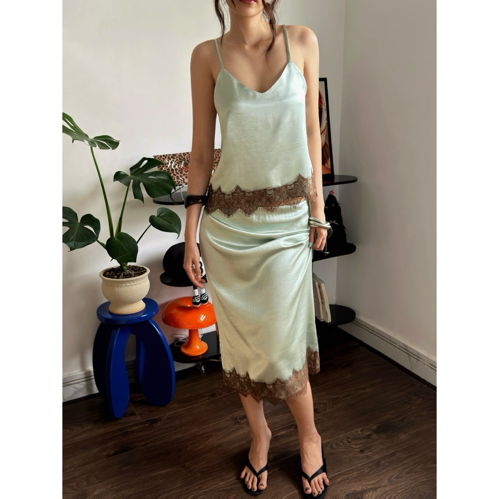 2SSCLUB l Set váy lụa xanh mint phối ren