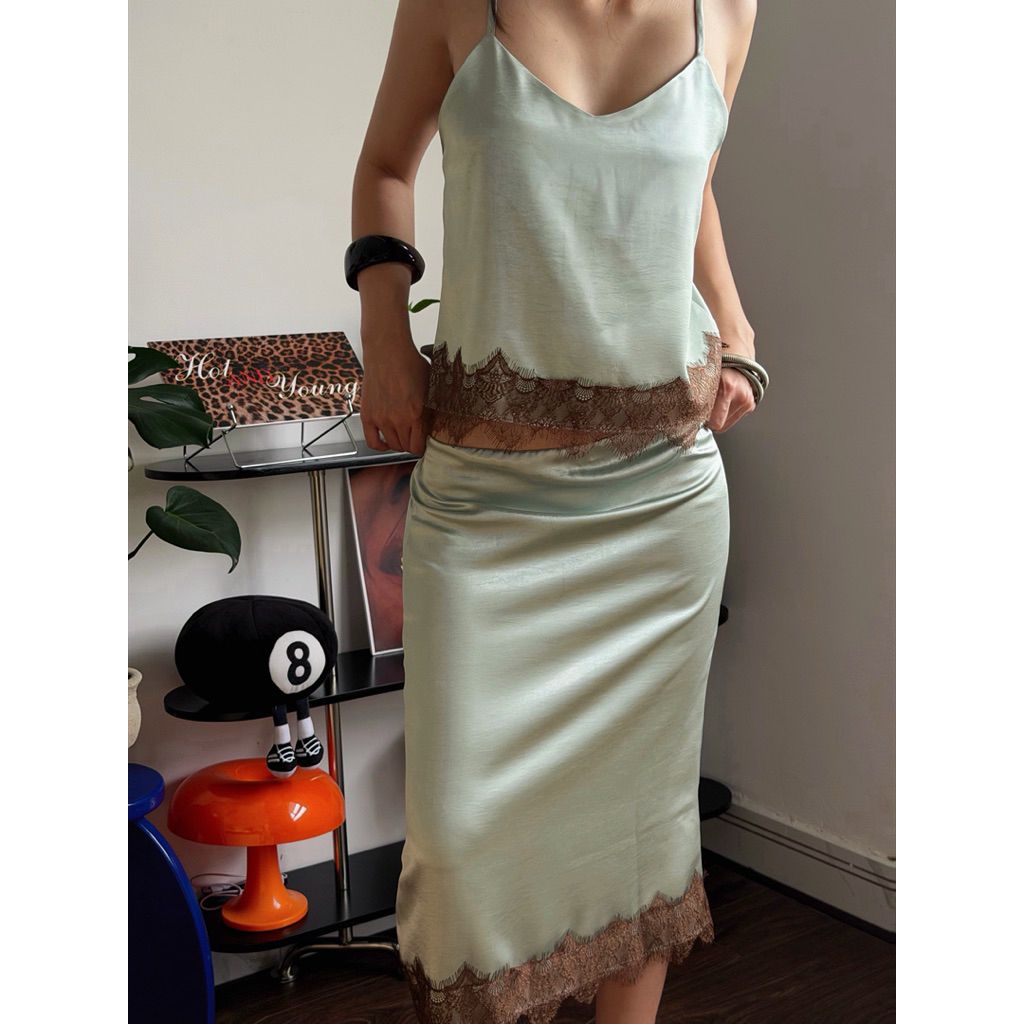 2SSCLUB l Set váy lụa xanh mint phối ren