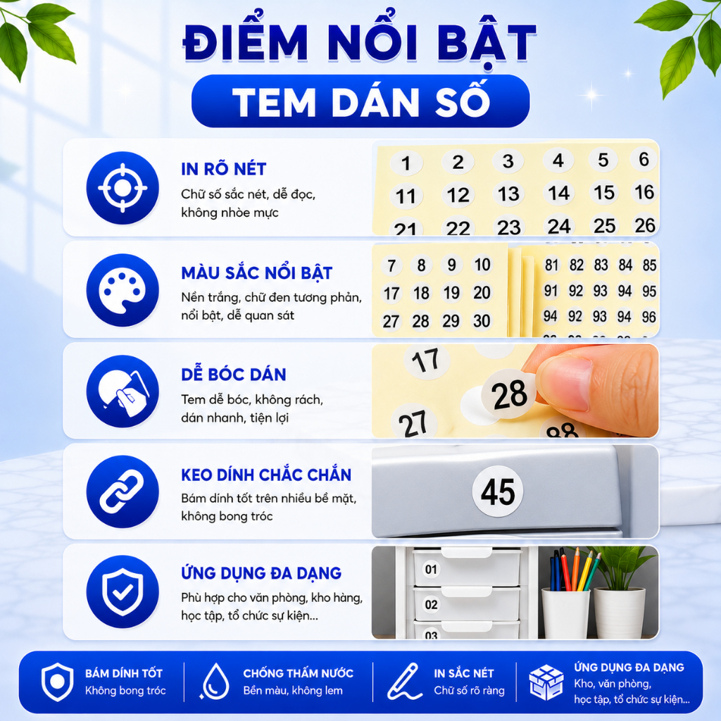 [15 TỜ] Tem Dán Số - Nhãn Decal Tròn 10mm, Chống Thấm Nước, Dùng Cho Hồ Sơ Và Kho Hàng