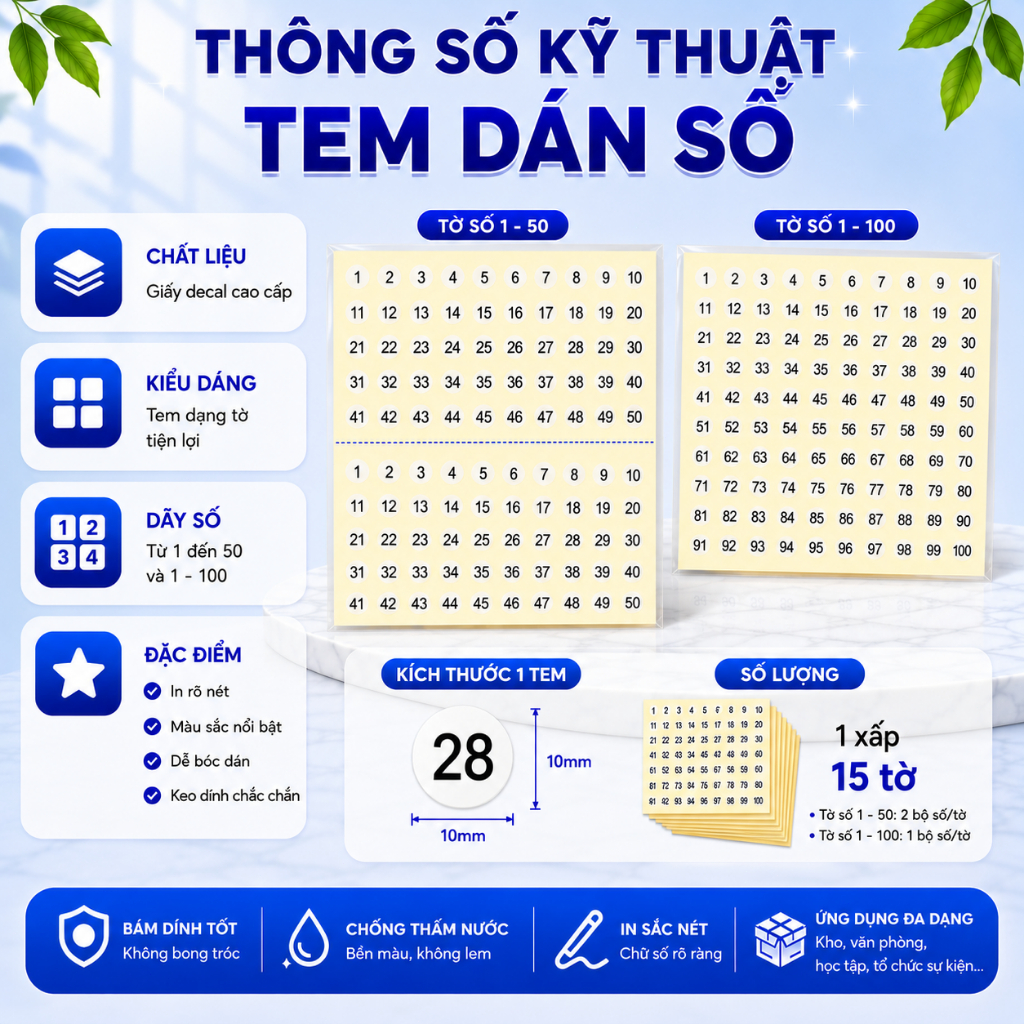 [15 TỜ] Tem Dán Số - Nhãn Decal Tròn 10mm, Chống Thấm Nước, Dùng Cho Hồ Sơ Và Kho Hàng
