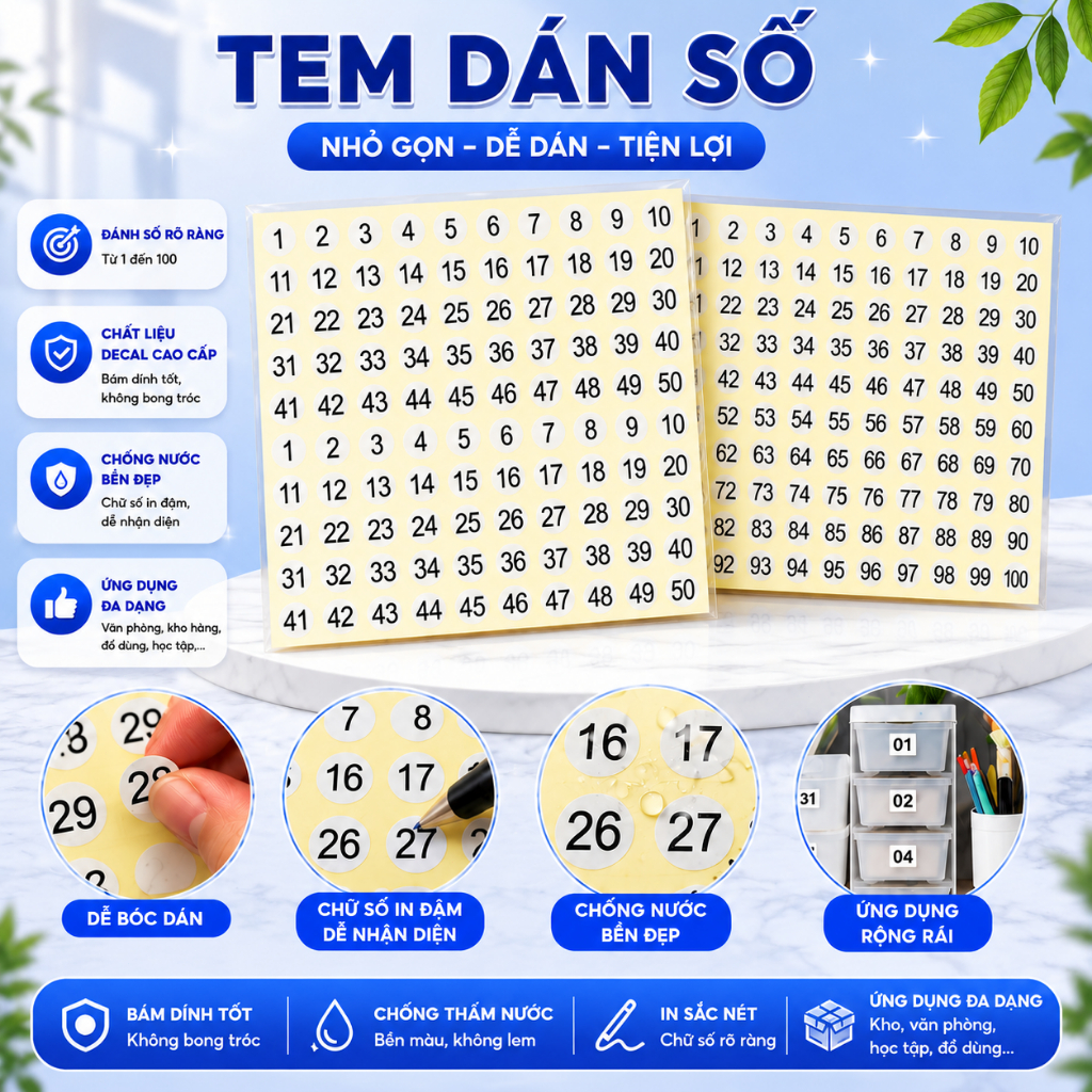 [15 TỜ] Tem Dán Số - Nhãn Decal Tròn 10mm, Chống Thấm Nước, Dùng Cho Hồ Sơ Và Kho Hàng