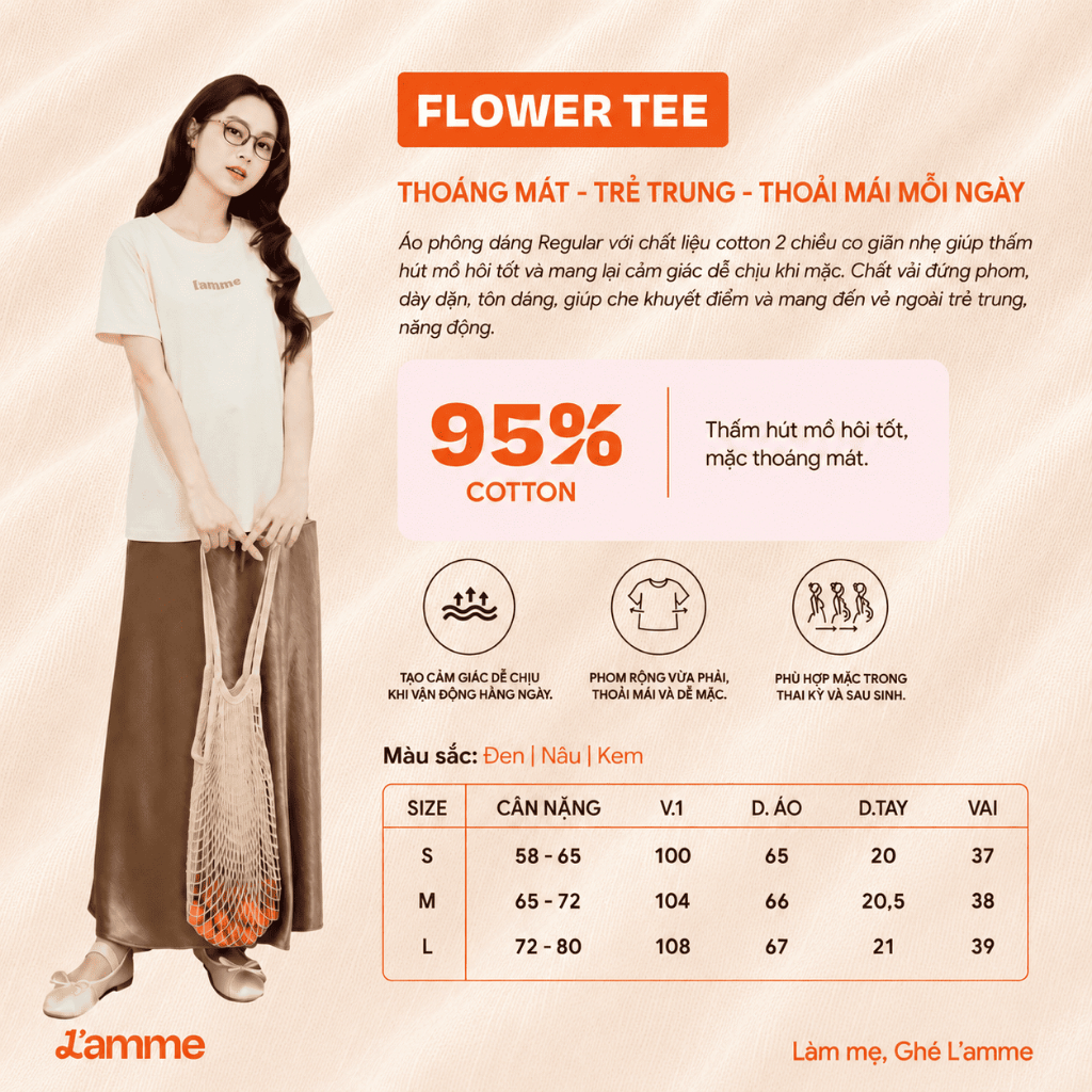Áo Phông Bầu Flower Tee L'amme - Chất Cotton 100% Co Giãn 2 Chiều, Form Rộng Giấu Bụng