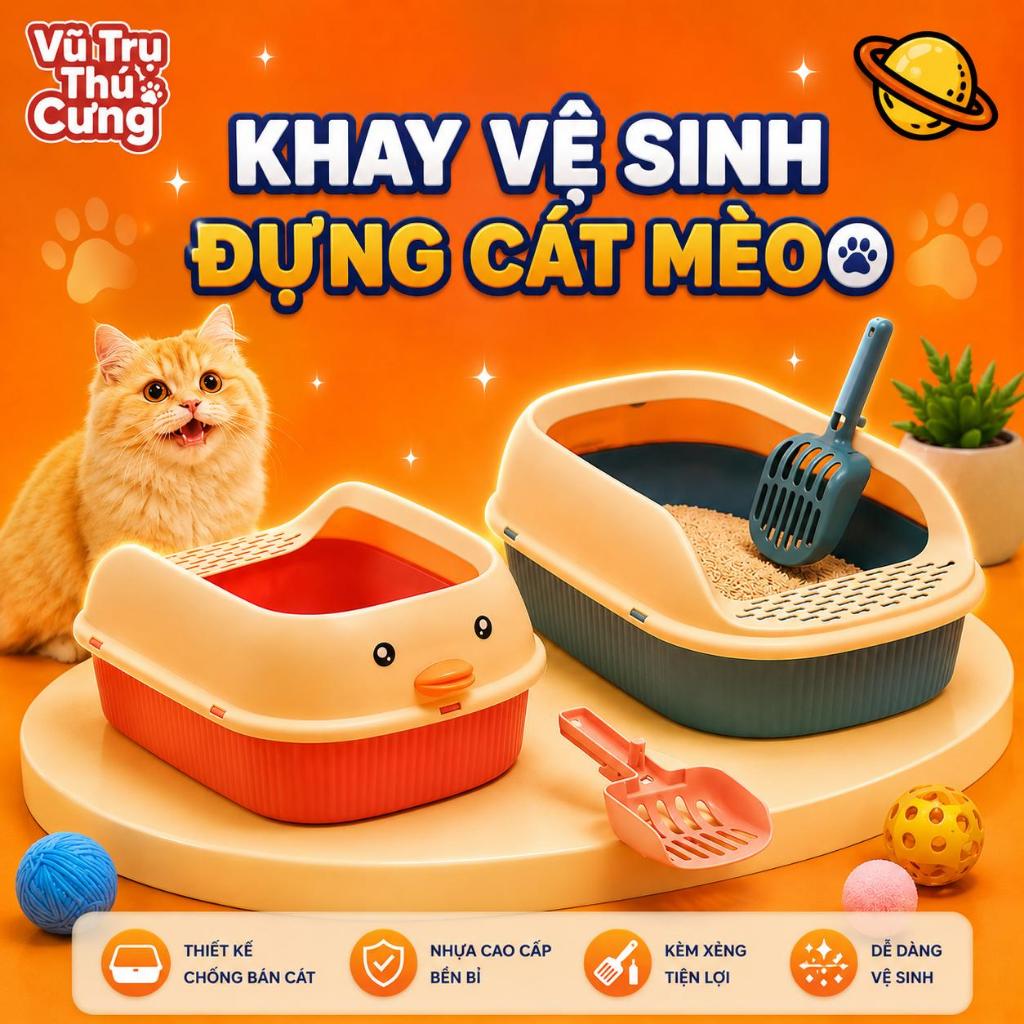 Khay Đựng Cát Mèo Thành Cao Chống Văng Cát (Họa tiết con Vịt)